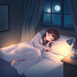 A serene nighttime scene featuring a girl peacefully sleeping in a cozy bedroom, wearing long, flowing sleepwear