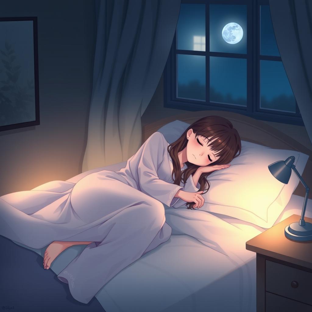 A serene nighttime scene featuring a girl peacefully sleeping in a cozy bedroom, wearing long, flowing sleepwear