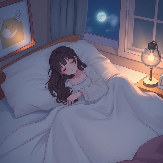 A serene nighttime scene featuring a girl peacefully sleeping in a cozy bedroom, wearing long, flowing sleepwear