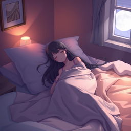 A serene nighttime scene featuring a girl peacefully sleeping in a cozy bedroom, wearing long, flowing sleepwear