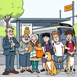 A humorous comic scene depicting a lively bus stop with a diverse group of characters including a frazzled businessman checking his watch, a cheerful elderly woman holding a bag of groceries, a teenager listening to music with headphones, and a dog panting happily on a leash