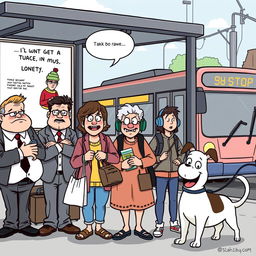 A humorous comic scene depicting a lively bus stop with a diverse group of characters including a frazzled businessman checking his watch, a cheerful elderly woman holding a bag of groceries, a teenager listening to music with headphones, and a dog panting happily on a leash