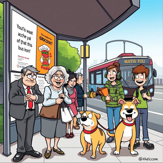 A humorous comic scene depicting a lively bus stop with a diverse group of characters including a frazzled businessman checking his watch, a cheerful elderly woman holding a bag of groceries, a teenager listening to music with headphones, and a dog panting happily on a leash