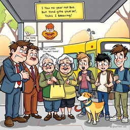 A humorous comic scene depicting a lively bus stop with a diverse group of characters including a frazzled businessman checking his watch, a cheerful elderly woman holding a bag of groceries, a teenager listening to music with headphones, and a dog panting happily on a leash