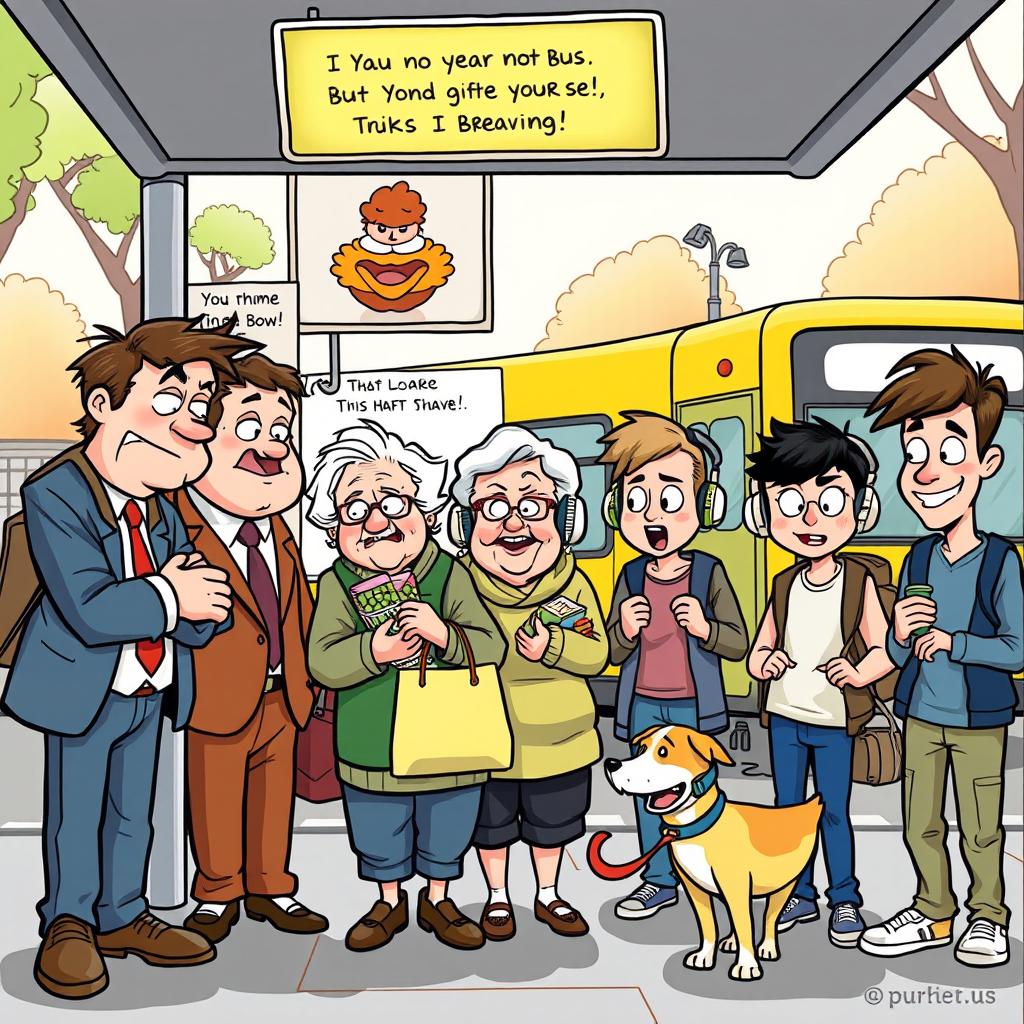 A humorous comic scene depicting a lively bus stop with a diverse group of characters including a frazzled businessman checking his watch, a cheerful elderly woman holding a bag of groceries, a teenager listening to music with headphones, and a dog panting happily on a leash