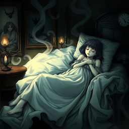 A captivating and eerie scene inspired by horror manga, featuring a girl peacefully sleeping in her room, wearing long, flowing sleepwear that drapes elegantly around her