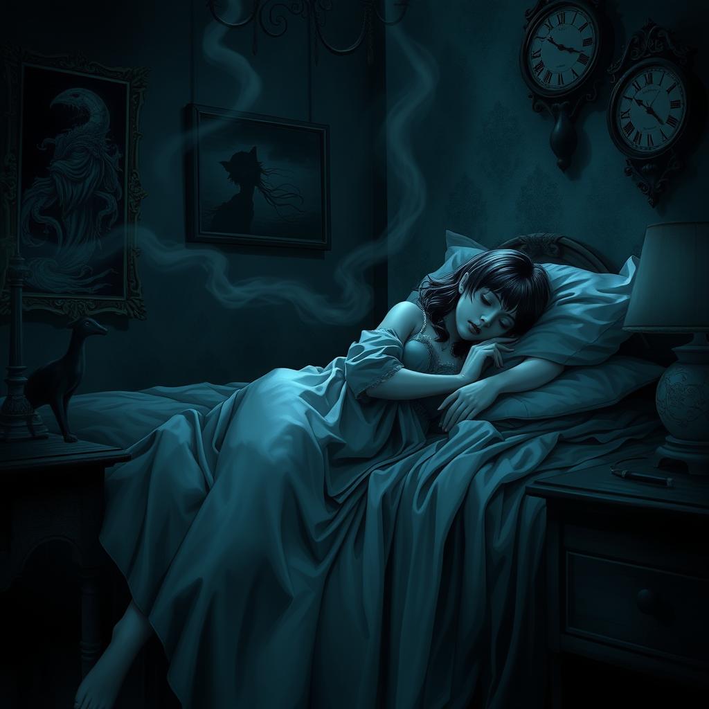 A captivating and eerie scene inspired by horror manga, featuring a girl peacefully sleeping in her room, wearing long, flowing sleepwear that drapes elegantly around her