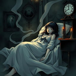 A captivating and eerie scene inspired by horror manga, featuring a girl peacefully sleeping in her room, wearing long, flowing sleepwear that drapes elegantly around her