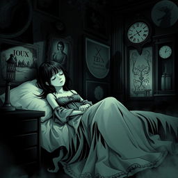 A captivating and eerie scene inspired by horror manga, featuring a girl peacefully sleeping in her room, wearing long, flowing sleepwear that drapes elegantly around her