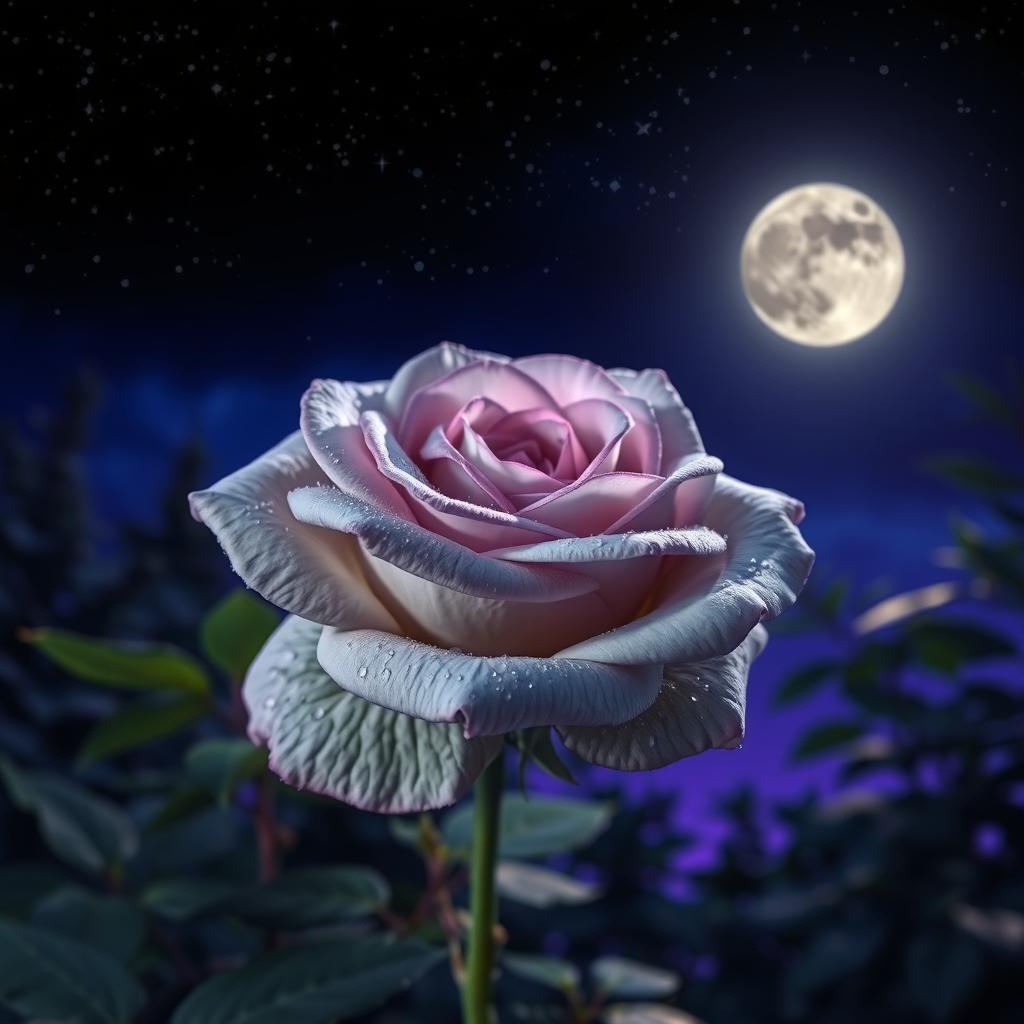 A beautiful gray rose with violet highlights blooming under a starlit night sky