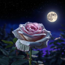 A beautiful gray rose with violet highlights blooming under a starlit night sky