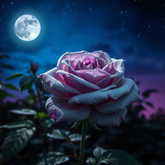 A beautiful gray rose with violet highlights blooming under a starlit night sky