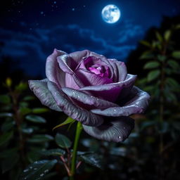 A beautiful gray rose with violet highlights blooming under a starlit night sky