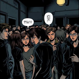 A crowded scene depicted in a horror manga style, showcasing a group of people engaging in intense conversations with tense expressions