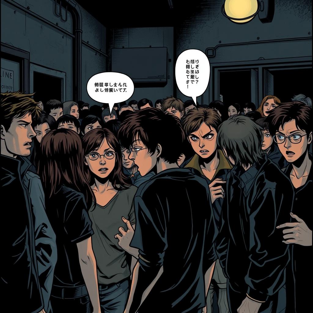 A crowded scene depicted in a horror manga style, showcasing a group of people engaging in intense conversations with tense expressions