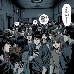 A crowded scene depicted in a horror manga style, showcasing a group of people engaging in intense conversations with tense expressions