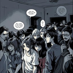 A crowded scene depicted in a horror manga style, showcasing a group of people engaging in intense conversations with tense expressions