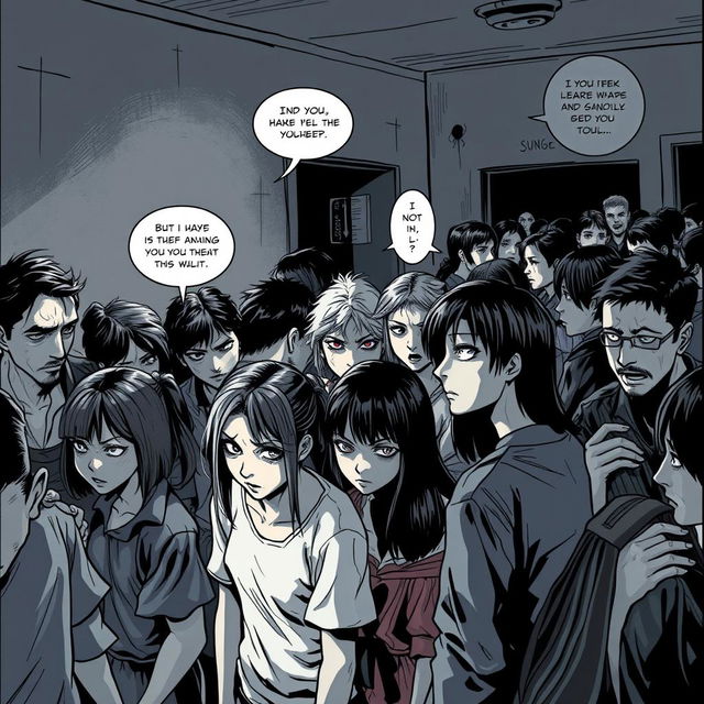 A crowded scene depicted in a horror manga style, showcasing a group of people engaging in intense conversations with tense expressions
