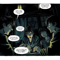 A hauntingly atmospheric scene inspired by horror manga, featuring a small group of people engaged in tense conversations within a dimly lit room