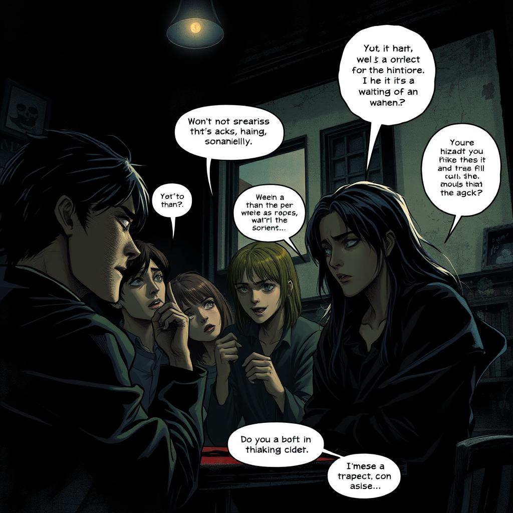 A hauntingly atmospheric scene inspired by horror manga, featuring a small group of people engaged in tense conversations within a dimly lit room