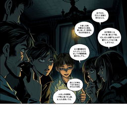 A hauntingly atmospheric scene inspired by horror manga, featuring a small group of people engaged in tense conversations within a dimly lit room