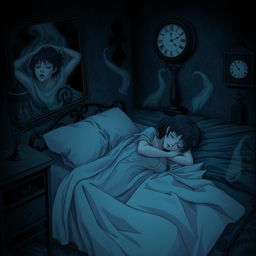 A captivating and eerie scene inspired by horror manga, featuring a girl peacefully sleeping in her room, wearing long, flowing sleepwear that elegantly drapes around her