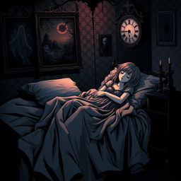 A captivating and eerie scene inspired by horror manga, featuring a girl peacefully sleeping in her room, wearing long, flowing sleepwear that elegantly drapes around her