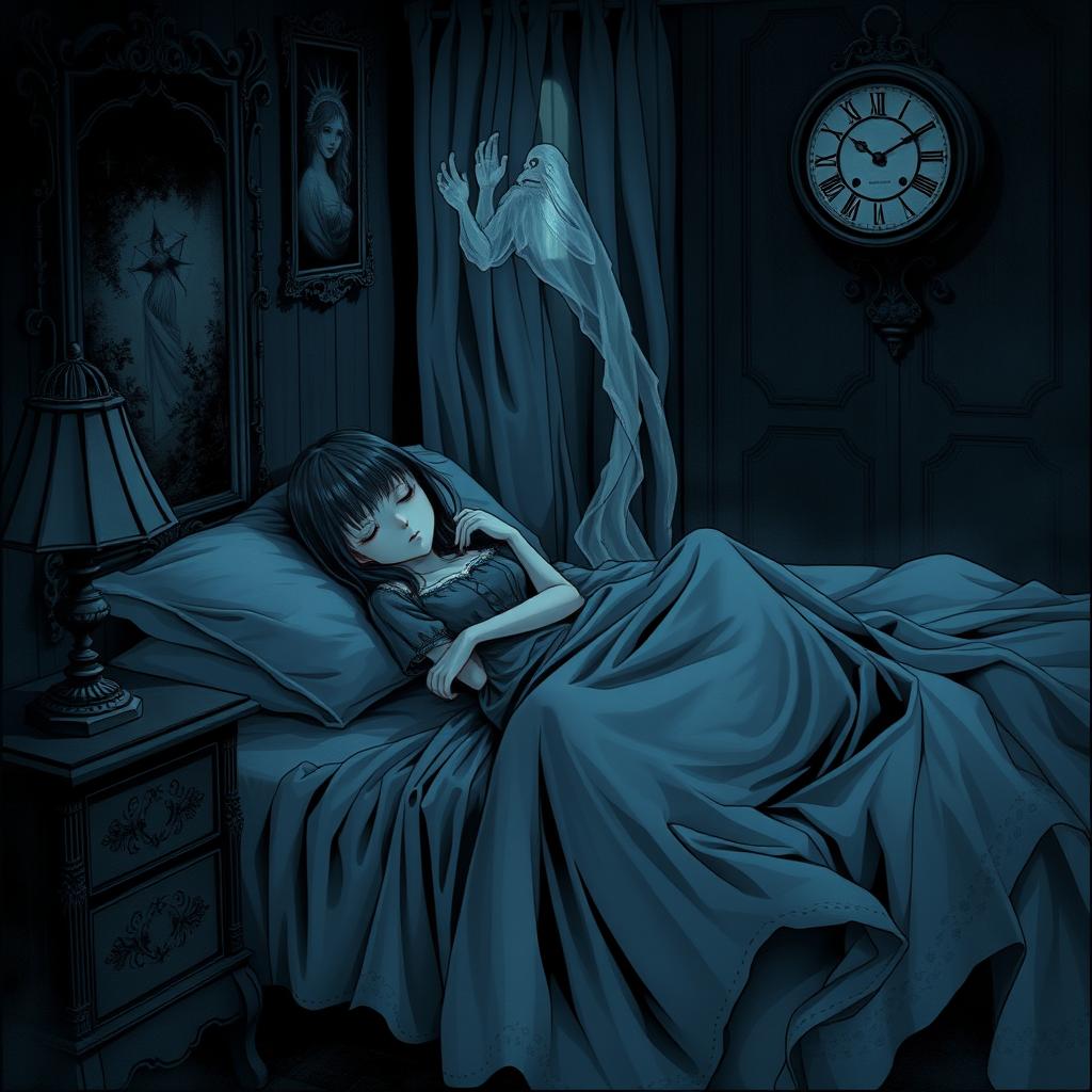 A captivating and eerie scene inspired by horror manga, featuring a girl peacefully sleeping in her room, wearing long, flowing sleepwear that elegantly drapes around her
