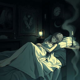 A captivating and eerie scene inspired by horror manga, featuring a girl peacefully sleeping in her room, wearing long, flowing sleepwear that elegantly drapes around her