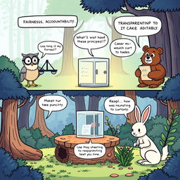 A comic strip featuring anthropomorphic characters representing the core principles of fairness, accountability, transparency, and stewardship