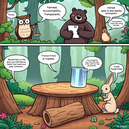 A comic strip featuring anthropomorphic characters representing the core principles of fairness, accountability, transparency, and stewardship