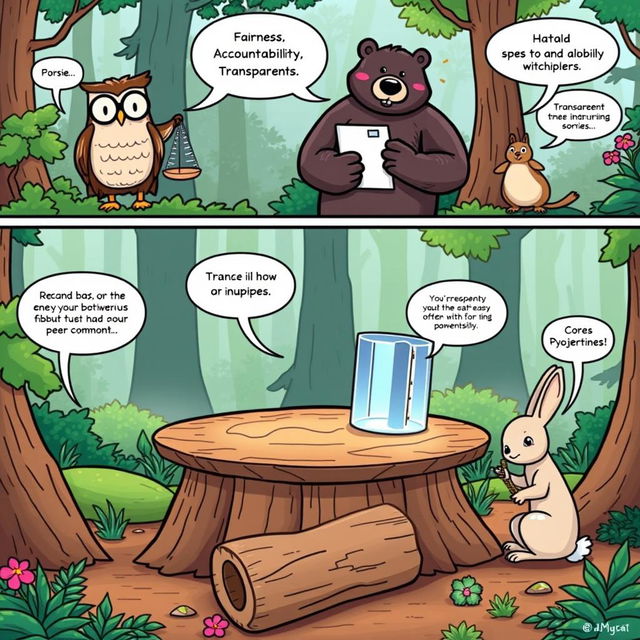 A comic strip featuring anthropomorphic characters representing the core principles of fairness, accountability, transparency, and stewardship