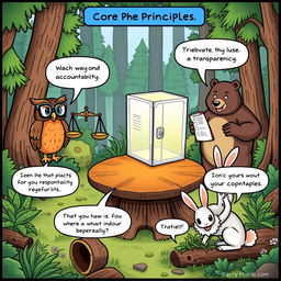 A comic strip featuring anthropomorphic characters representing the core principles of fairness, accountability, transparency, and stewardship