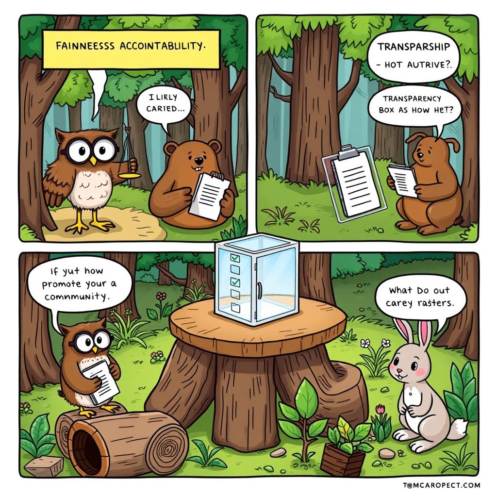 A comic strip featuring anthropomorphic characters representing the core principles of fairness, accountability, transparency, and stewardship