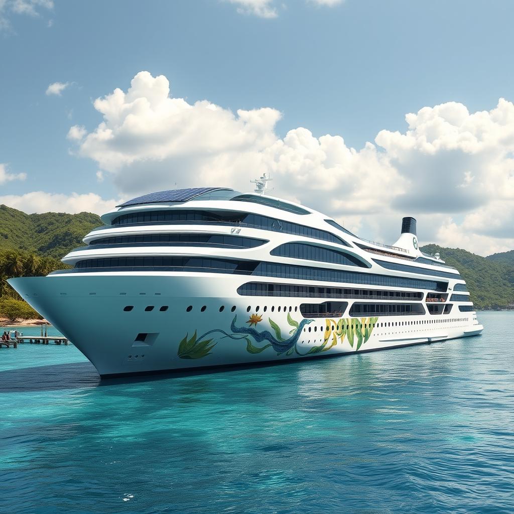 A futuristic cruise ship design that incorporates eco-friendly technology and luxurious amenities