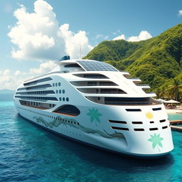 A futuristic cruise ship design that incorporates eco-friendly technology and luxurious amenities
