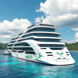 A futuristic cruise ship design that incorporates eco-friendly technology and luxurious amenities