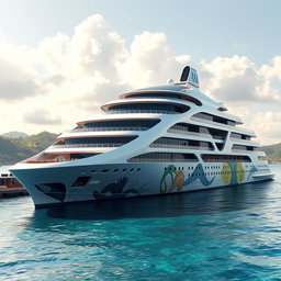 A futuristic cruise ship design that incorporates eco-friendly technology and luxurious amenities