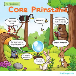A comic strip illustrating the core principles of fairness, accountability, transparency, and stewardship through engaging characters