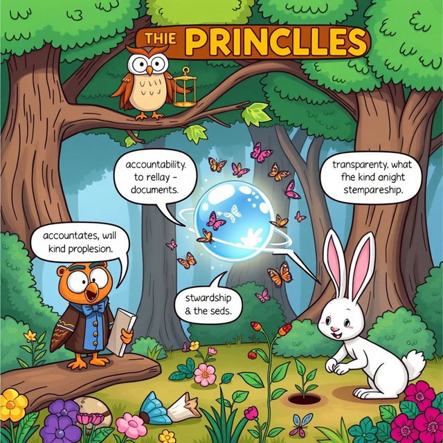 A comic strip illustrating the core principles of fairness, accountability, transparency, and stewardship through engaging characters