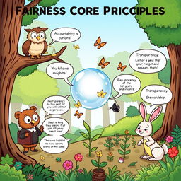A comic strip illustrating the core principles of fairness, accountability, transparency, and stewardship through engaging characters