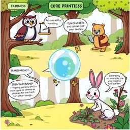 A comic strip illustrating the core principles of fairness, accountability, transparency, and stewardship through engaging characters