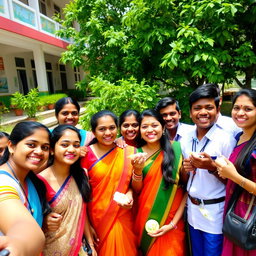 A joyful group of Tamil students, smiling and laughing together on a sunny day outside their school
