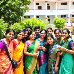 A joyful group of Tamil students, smiling and laughing together on a sunny day outside their school