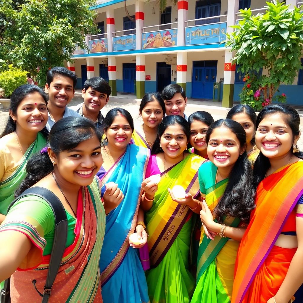 A joyful group of Tamil students, smiling and laughing together on a sunny day outside their school