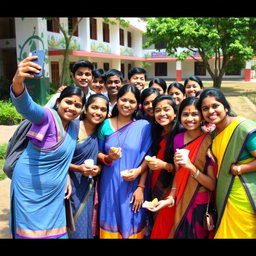 A joyful group of Tamil students, smiling and laughing together on a sunny day outside their school