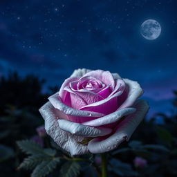 A beautiful gray rose with violet highlights blooming under a starry night sky