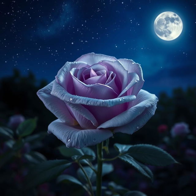 A beautiful gray rose with violet highlights blooming under a starry night sky