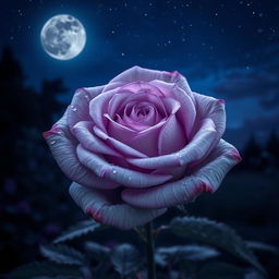 A beautiful gray rose with violet highlights blooming under a starry night sky