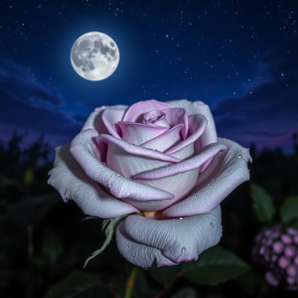 A beautiful gray rose with violet highlights blooming under a starry night sky